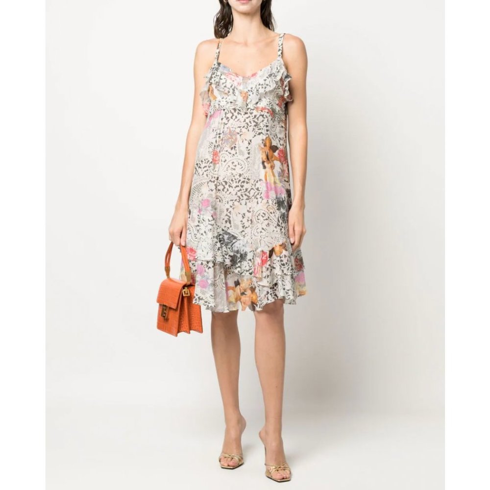 John Galliano Vintage Y2K Cherub/Floral-Print Ruffled Dress